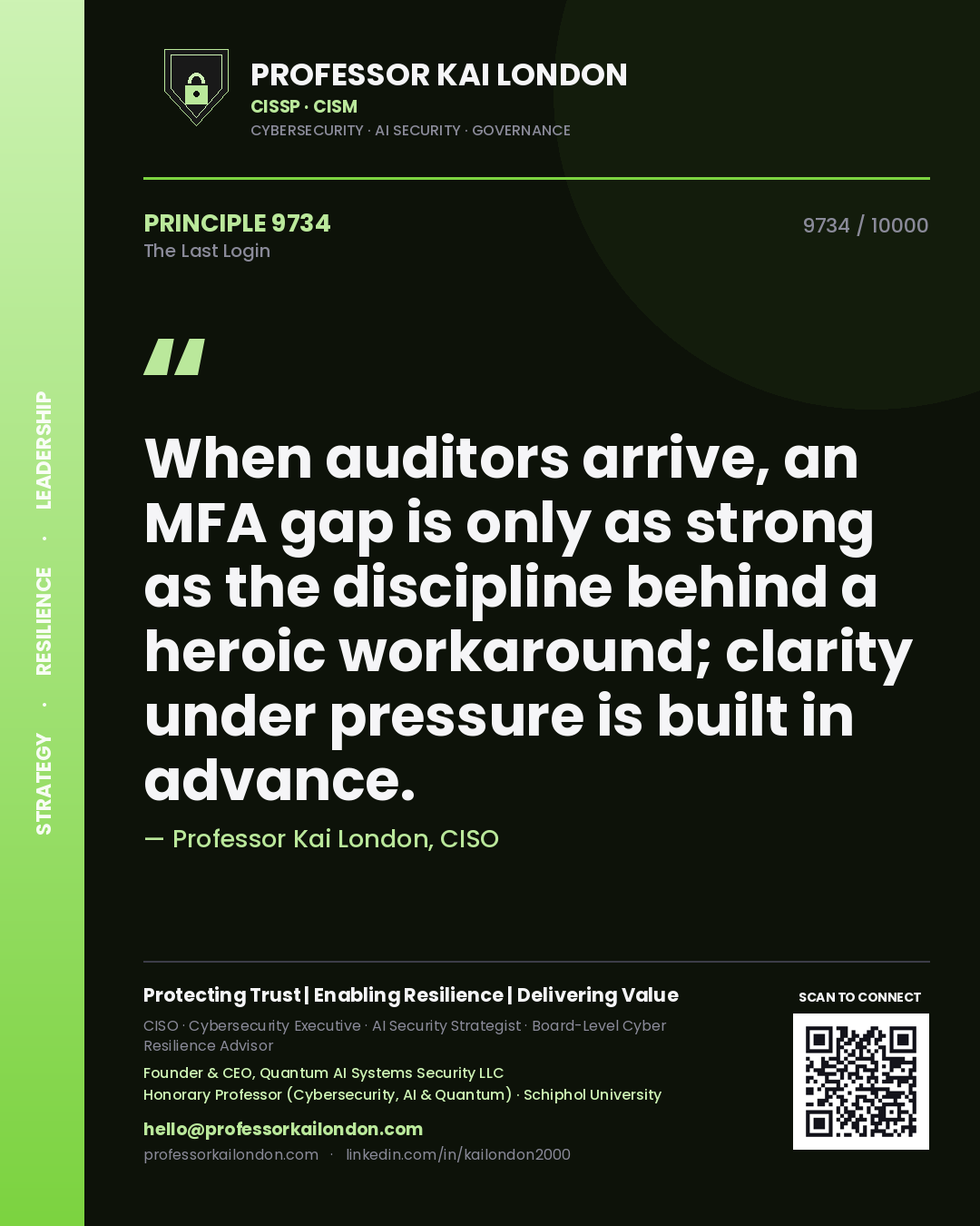 Quote card by Professor Kai London reading 'When auditors arrive, an MFA gap is only as strong as the discipline behind a heroic workaround; clarity under pressure is built in advance.'. From the book The Last Login.