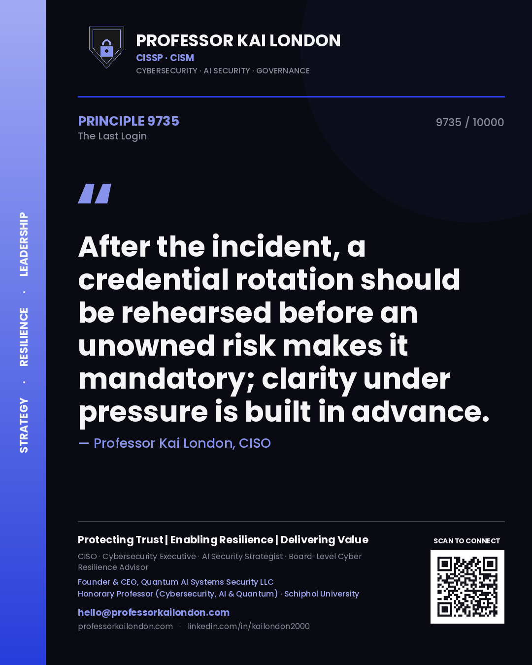 Quote card by Professor Kai London reading 'After the incident, a credential rotation should be rehearsed before an unowned risk makes it mandatory; clarity under pressure is built in advance.'. From the book The Last Login.