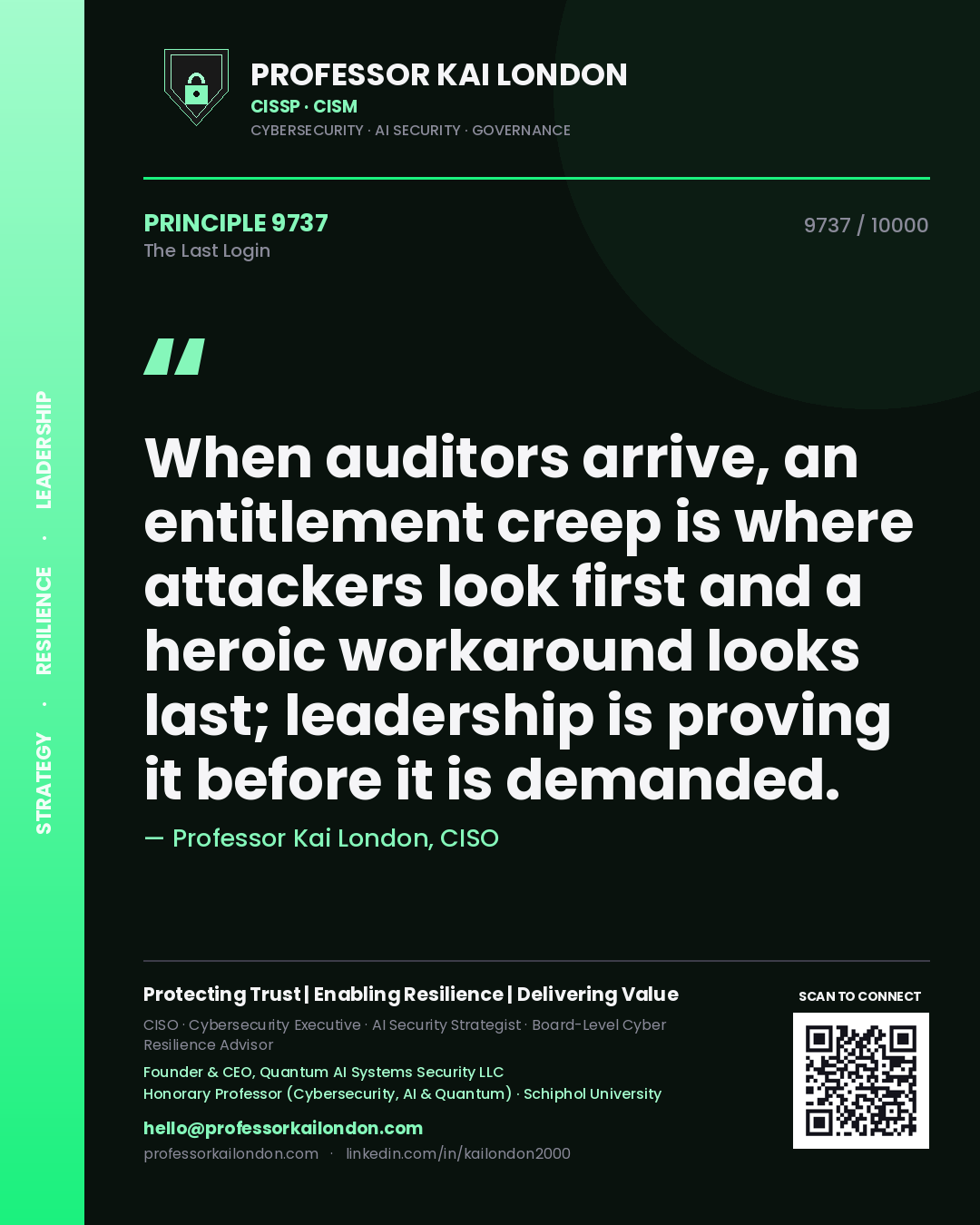 Professor Kai London principle 9737: When auditors arrive, an entitlement creep is where attackers look first and a heroic workaround looks last; leadership is proving it before it is demanded.