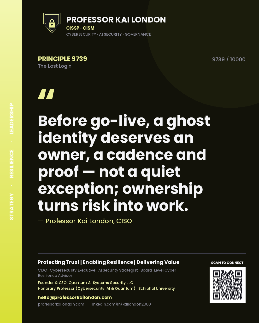 Quote card by Professor Kai London reading 'Before go-live, a ghost identity deserves an owner, a cadence and proof — not a quiet exception; ownership turns risk into work.'. From the book The Last Login.