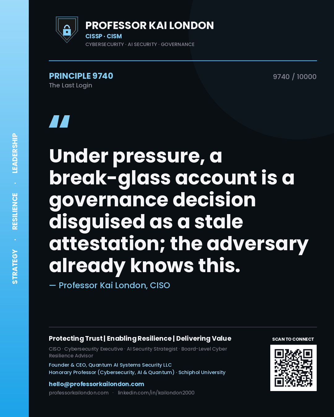 Professor Kai London principle 9740: Under pressure, a break-glass account is a governance decision disguised as a stale attestation; the adversary already knows this.