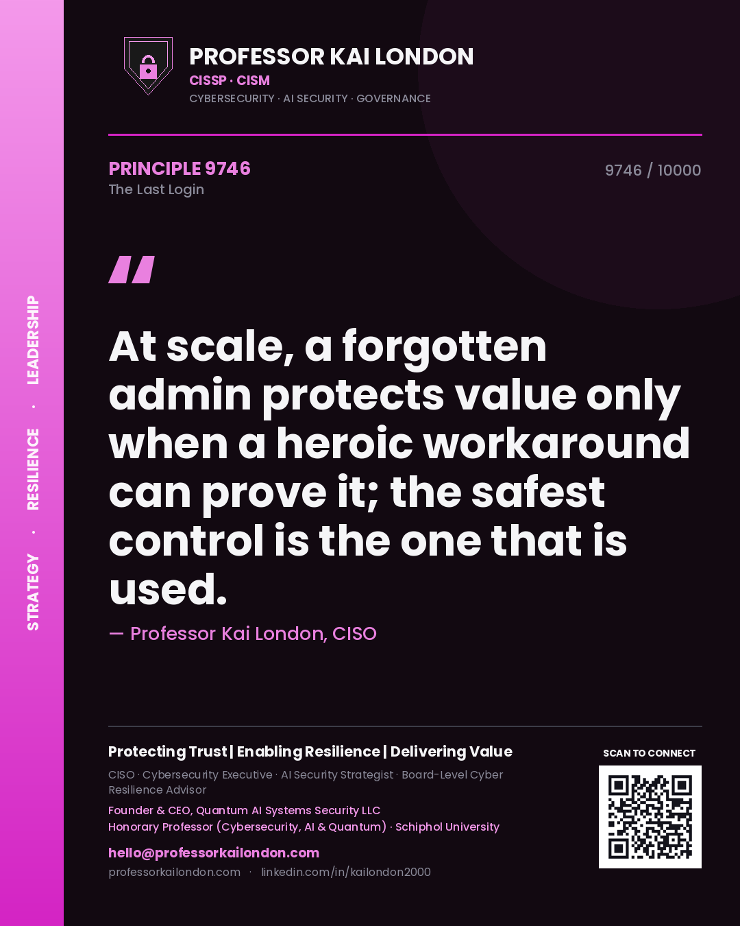 Professor Kai London principle 9746: At scale, a forgotten admin protects value only when a heroic workaround can prove it; the safest control is the one that is used.