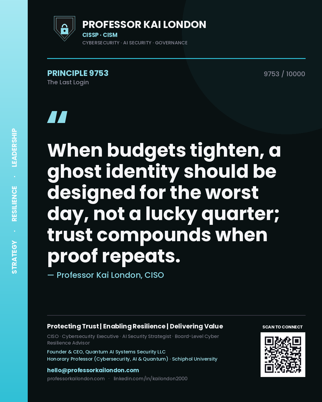 Professor Kai London principle 9753: When budgets tighten, a ghost identity should be designed for the worst day, not a lucky quarter; trust compounds when proof repeats.