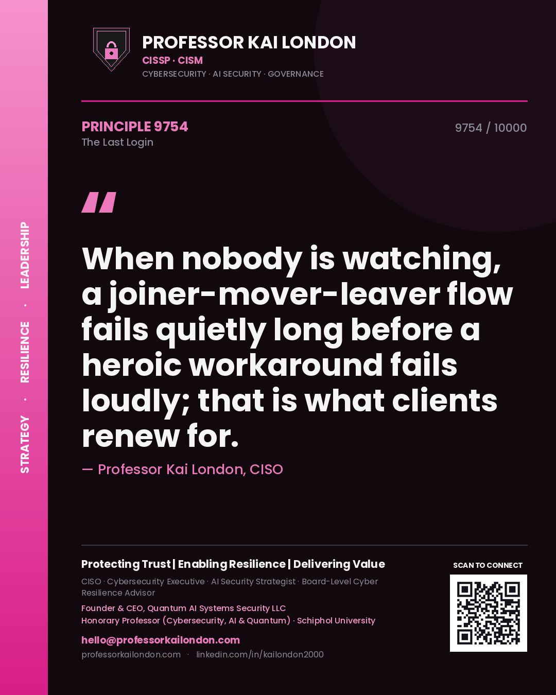 Professor Kai London principle 9754: When nobody is watching, a joiner-mover-leaver flow fails quietly long before a heroic workaround fails loudly; that is what clients renew for.