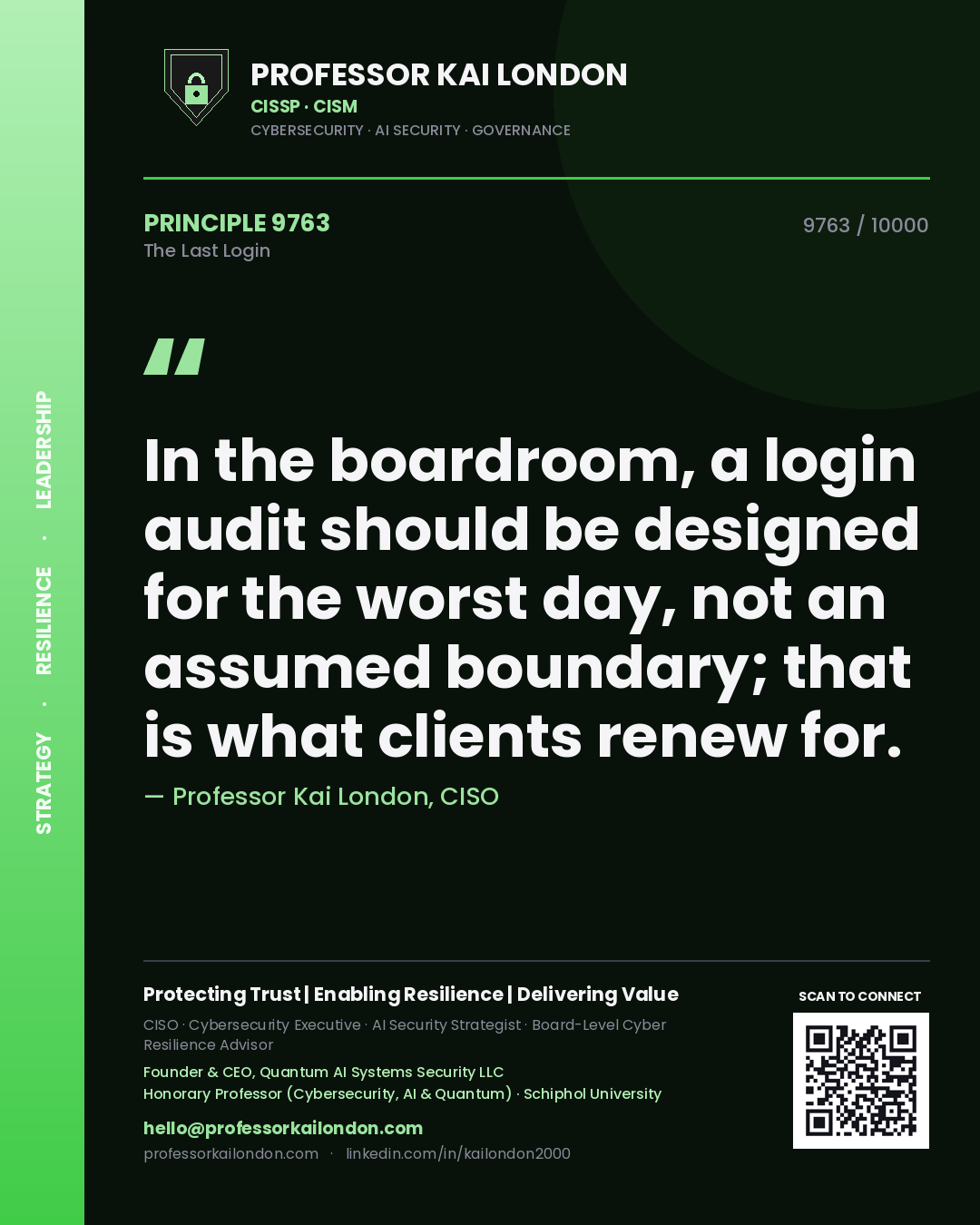 Quote card by Professor Kai London reading 'In the boardroom, a login audit should be designed for the worst day, not an assumed boundary; that is what clients renew for.'. From the book The Last Login.