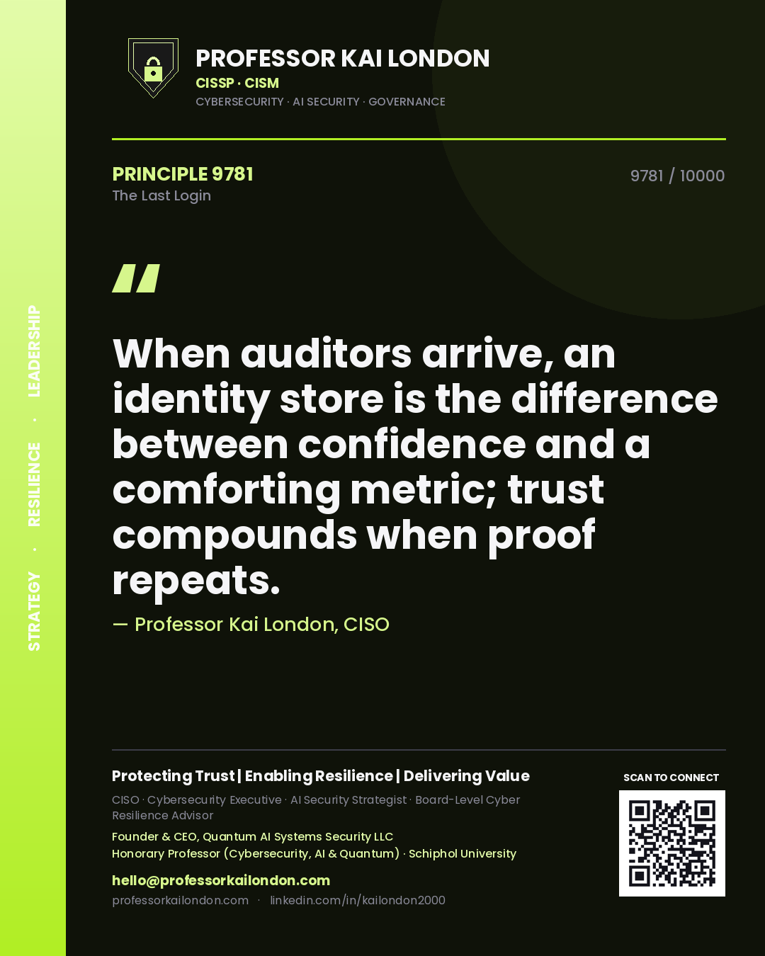 Professor Kai London principle 9781: When auditors arrive, an identity store is the difference between confidence and a comforting metric; trust compounds when proof repeats.
