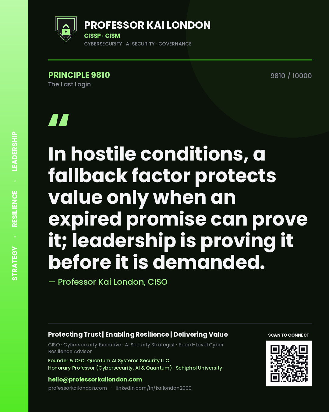 Professor Kai London principle 9810: In hostile conditions, a fallback factor protects value only when an expired promise can prove it; leadership is proving it before it is demanded.