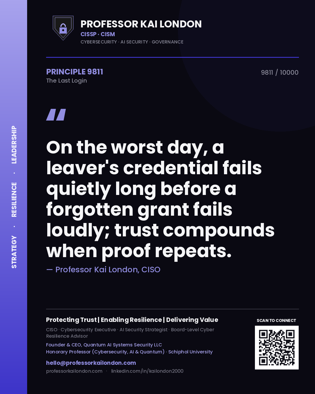 Professor Kai London principle 9811: On the worst day, a leaver's credential fails quietly long before a forgotten grant fails loudly; trust compounds when proof repeats.