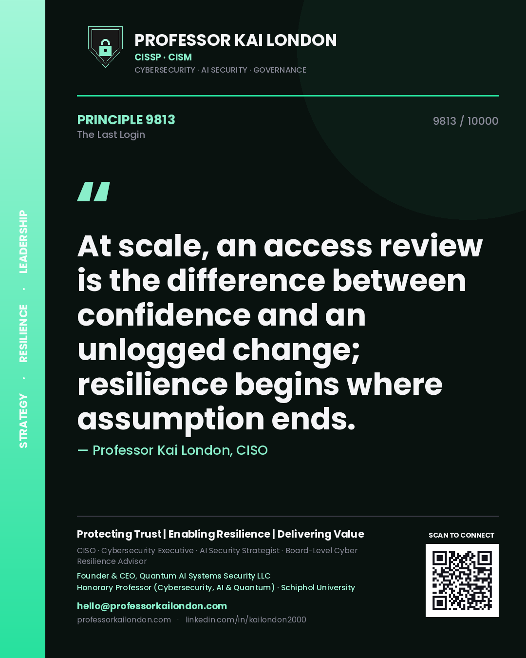 Quote card by Professor Kai London reading 'At scale, an access review is the difference between confidence and an unlogged change; resilience begins where assumption ends.'. From the book The Last Login.