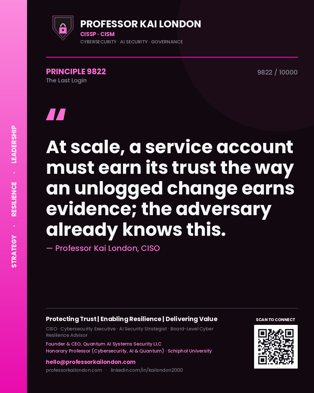 Quote card by Professor Kai London reading 'At scale, a service account must earn its trust the way an unlogged change earns evidence; the adversary already knows this.'. From the book The Last Login.