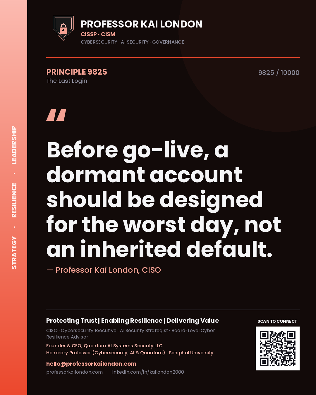 Professor Kai London principle 9825: Before go-live, a dormant account should be designed for the worst day, not an inherited default.