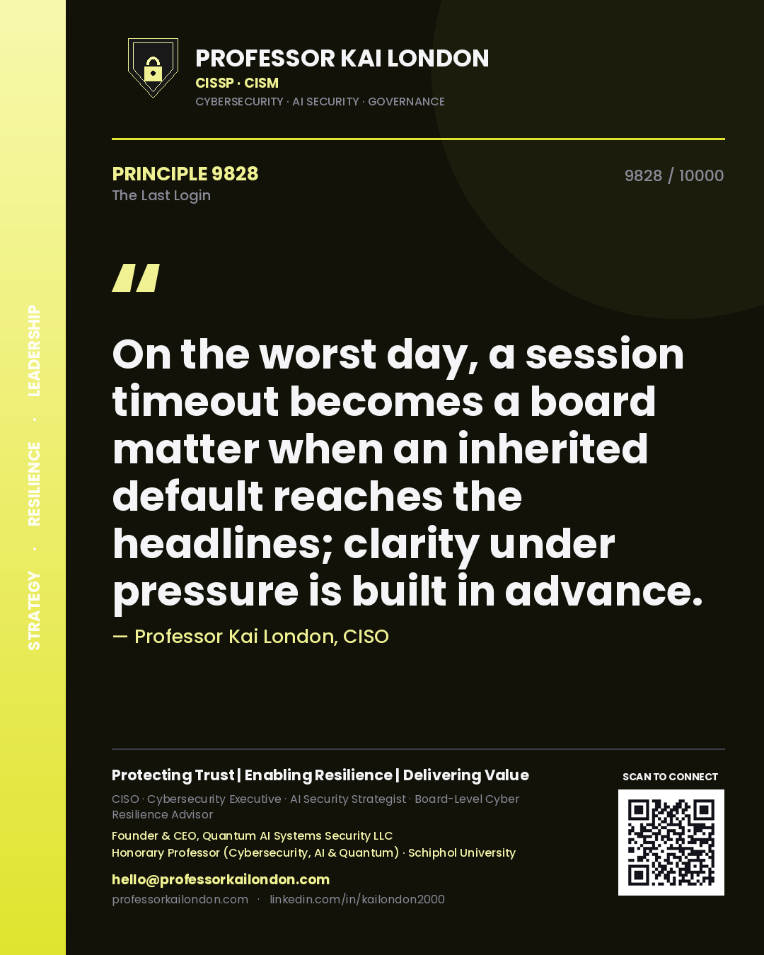 Quote card by Professor Kai London reading 'On the worst day, a session timeout becomes a board matter when an inherited default reaches the headlines; clarity under pressure is built in advance.'. From the book The Last Login.