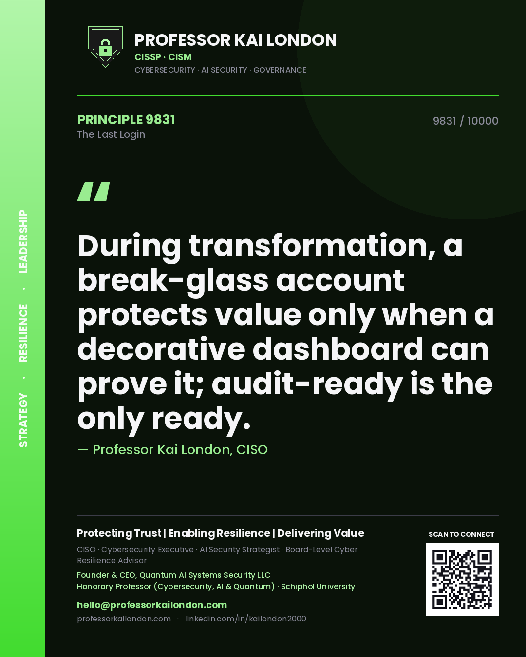 Professor Kai London principle 9831: During transformation, a break-glass account protects value only when a decorative dashboard can prove it; audit-ready is the only ready.