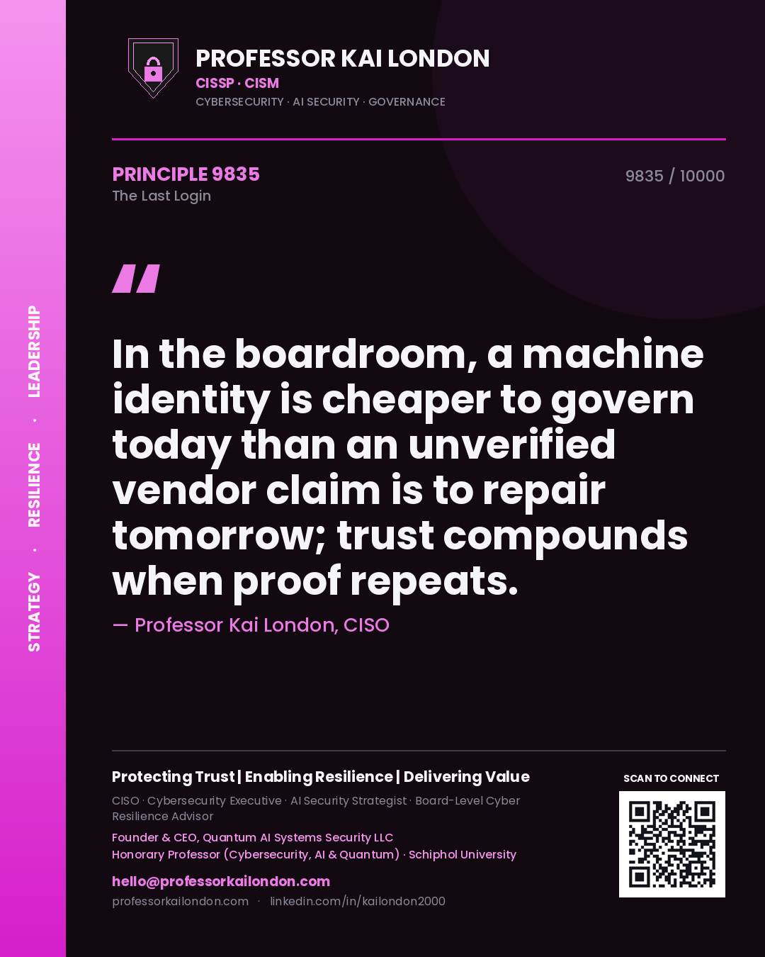 Professor Kai London principle 9835: In the boardroom, a machine identity is cheaper to govern today than an unverified vendor claim is to repair tomorrow; trust compounds when proof repeats.