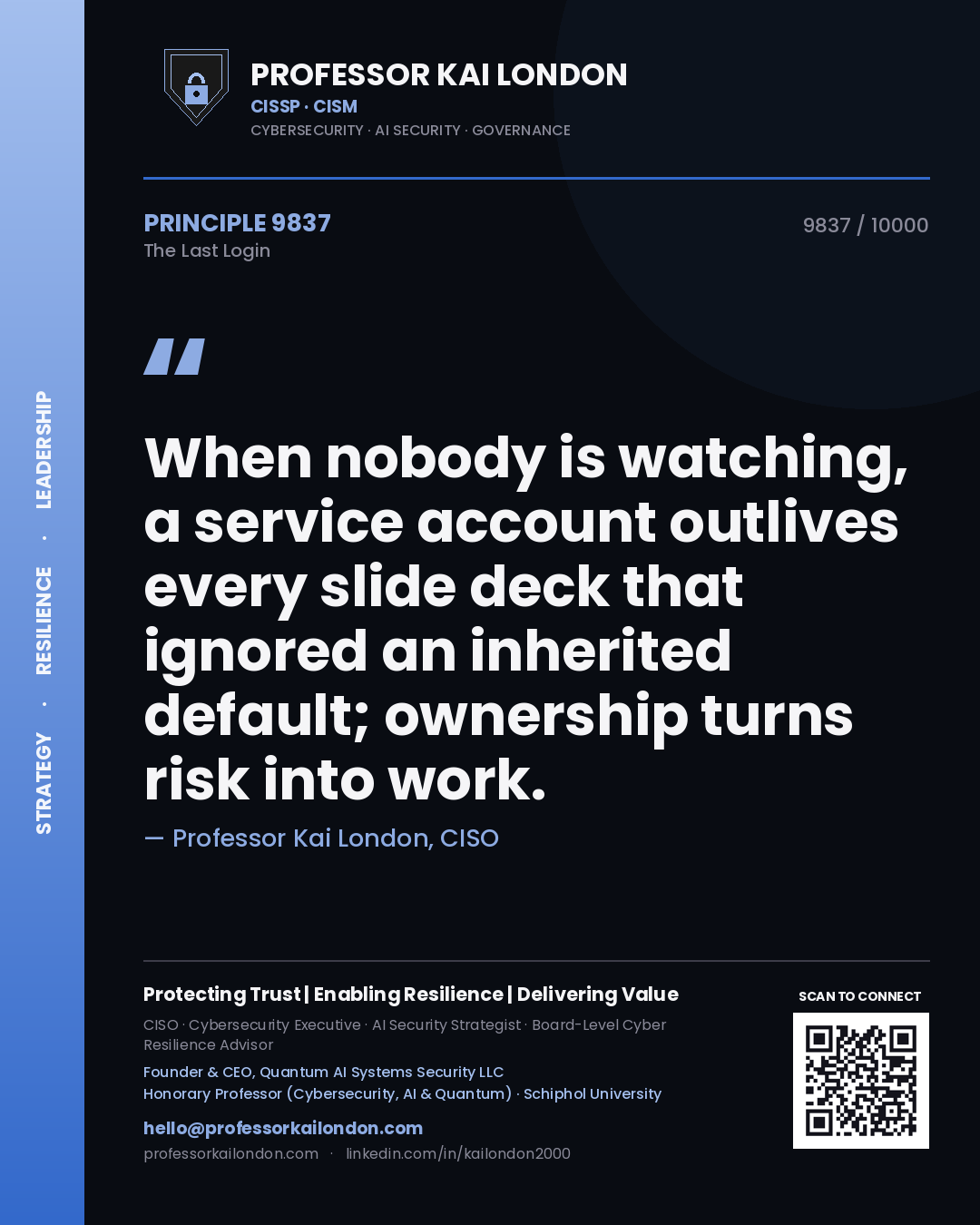 Quote card by Professor Kai London reading 'When nobody is watching, a service account outlives every slide deck that ignored an inherited default; ownership turns risk into work.'. From the book The Last Login.