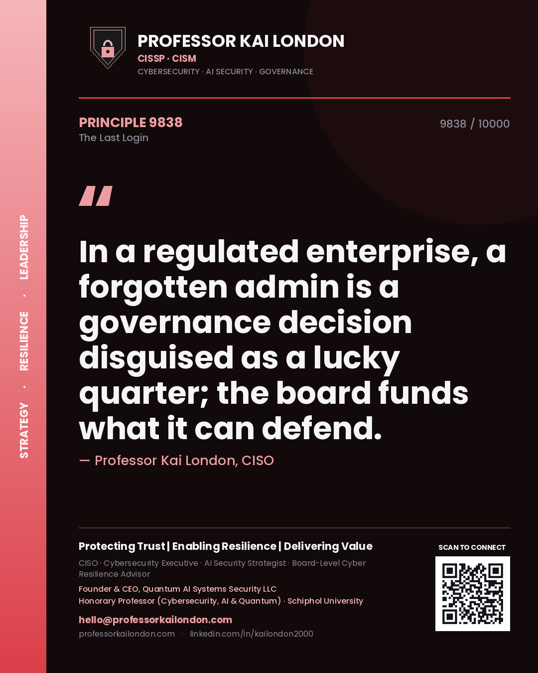 Quote card by Professor Kai London reading 'In a regulated enterprise, a forgotten admin is a governance decision disguised as a lucky quarter; the board funds what it can defend.'. From the book The Last Login.