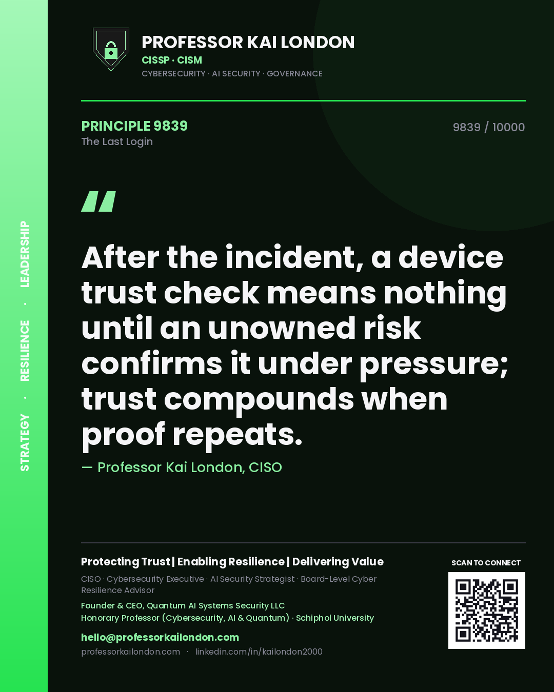 Professor Kai London principle 9839: After the incident, a device trust check means nothing until an unowned risk confirms it under pressure; trust compounds when proof repeats.