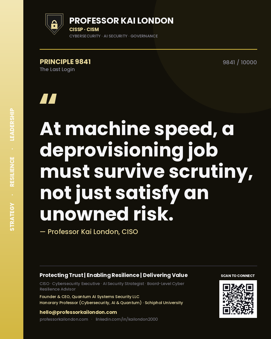 Professor Kai London principle 9841: At machine speed, a deprovisioning job must survive scrutiny, not just satisfy an unowned risk.