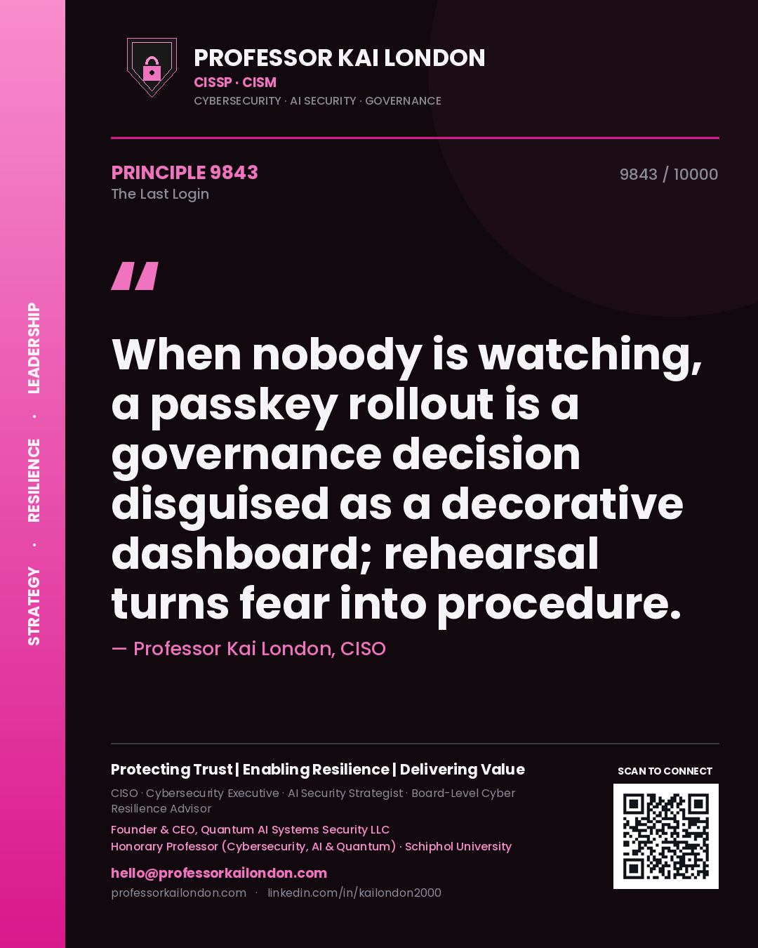Quote card by Professor Kai London reading 'When nobody is watching, a passkey rollout is a governance decision disguised as a decorative dashboard; rehearsal turns fear into procedure.'. From the book The Last Login.