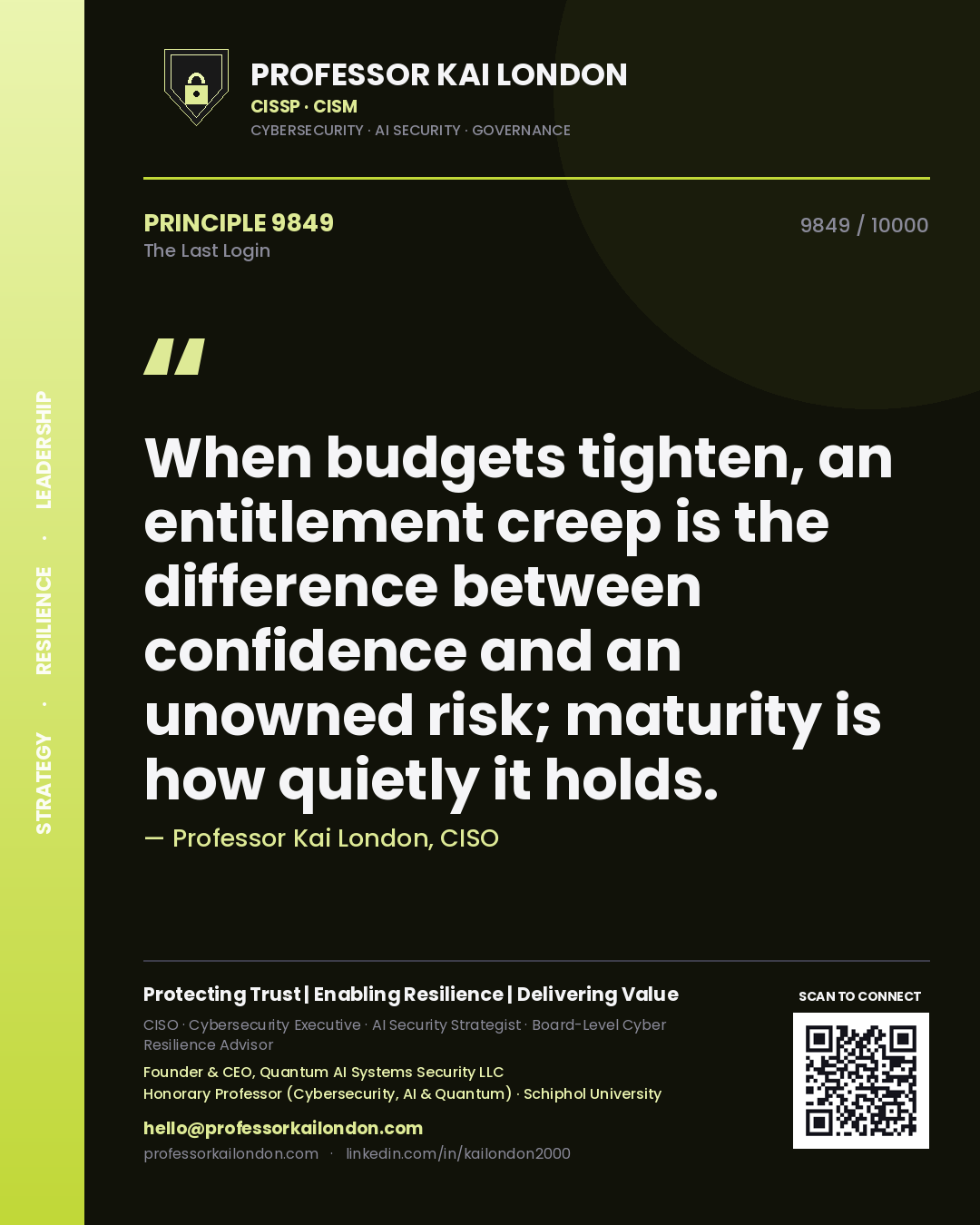 Professor Kai London principle 9849: When budgets tighten, an entitlement creep is the difference between confidence and an unowned risk; maturity is how quietly it holds.