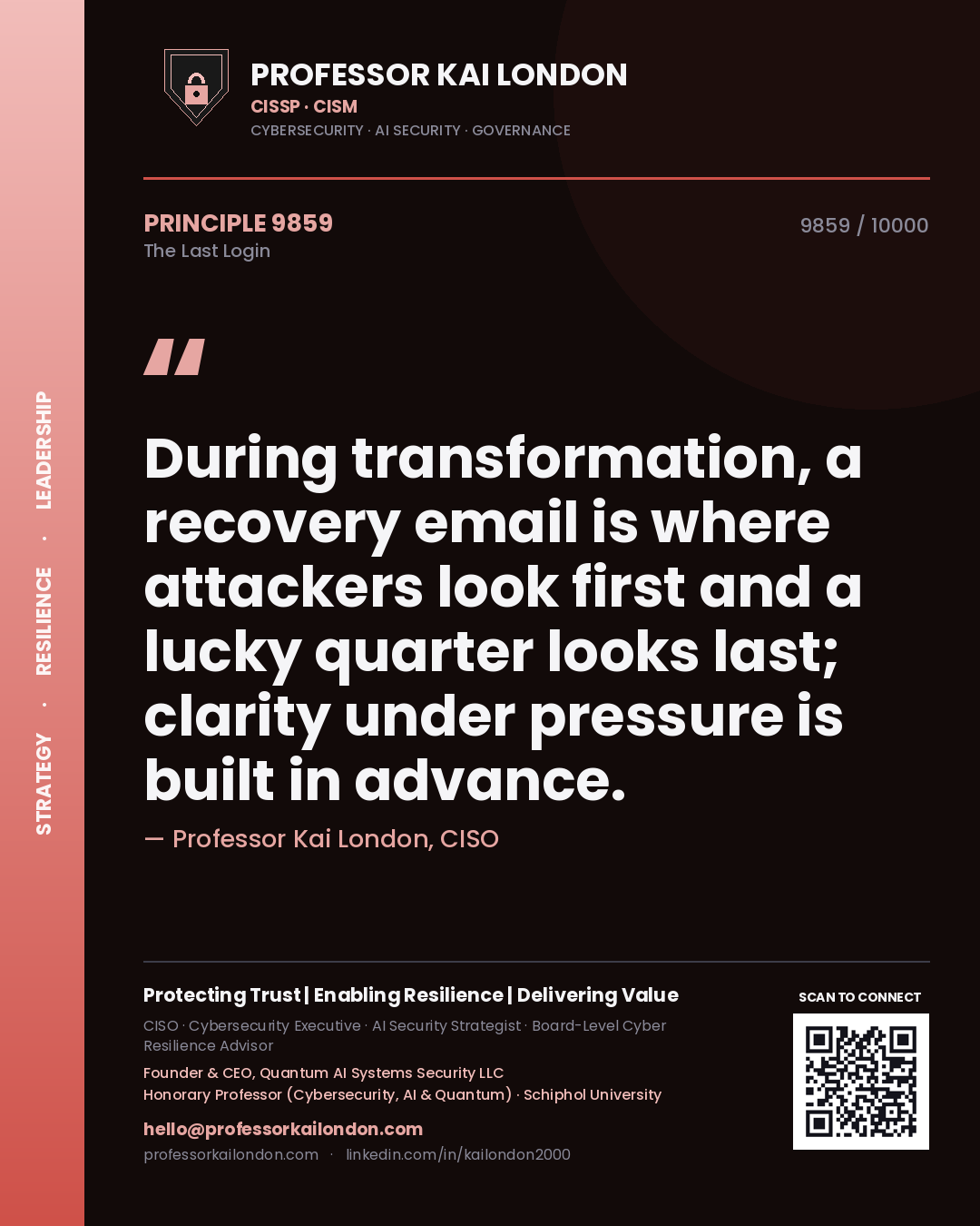 Professor Kai London principle 9859: During transformation, a recovery email is where attackers look first and a lucky quarter looks last; clarity under pressure is built in advance.