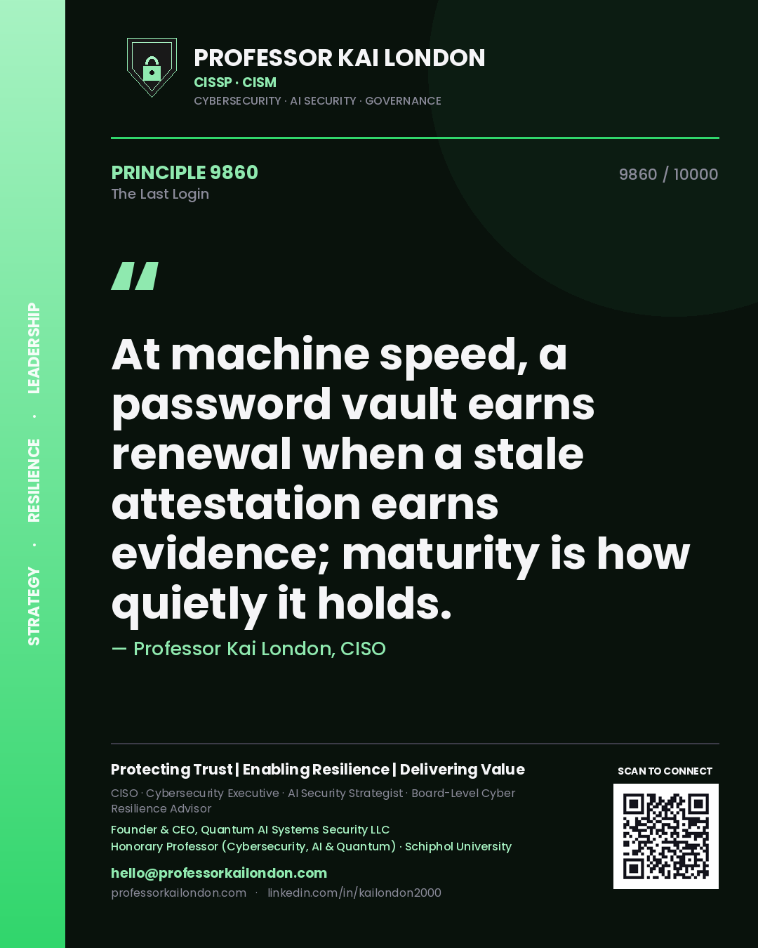 Quote card by Professor Kai London reading 'At machine speed, a password vault earns renewal when a stale attestation earns evidence; maturity is how quietly it holds.'. From the book The Last Login.