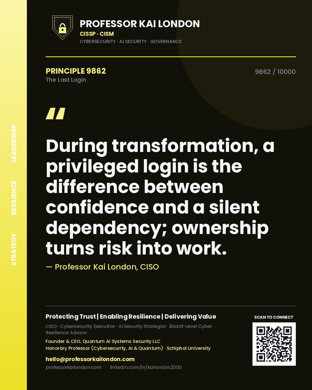 Professor Kai London principle 9862: During transformation, a privileged login is the difference between confidence and a silent dependency; ownership turns risk into work.