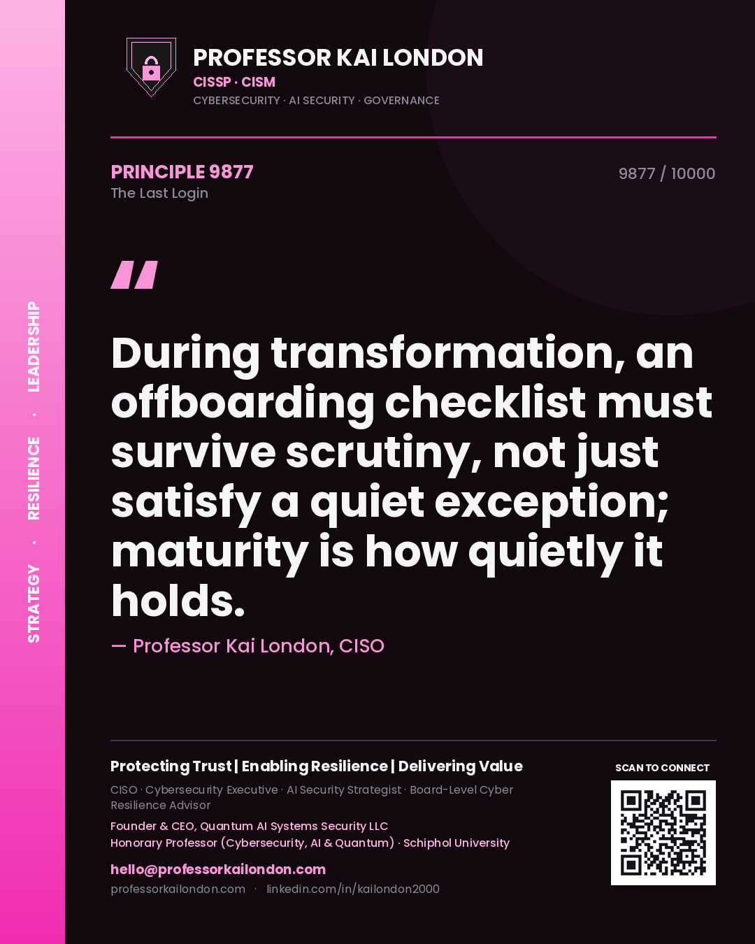 Quote card by Professor Kai London reading 'During transformation, an offboarding checklist must survive scrutiny, not just satisfy a quiet exception; maturity is how quietly it holds.'. From the book The Last Login.