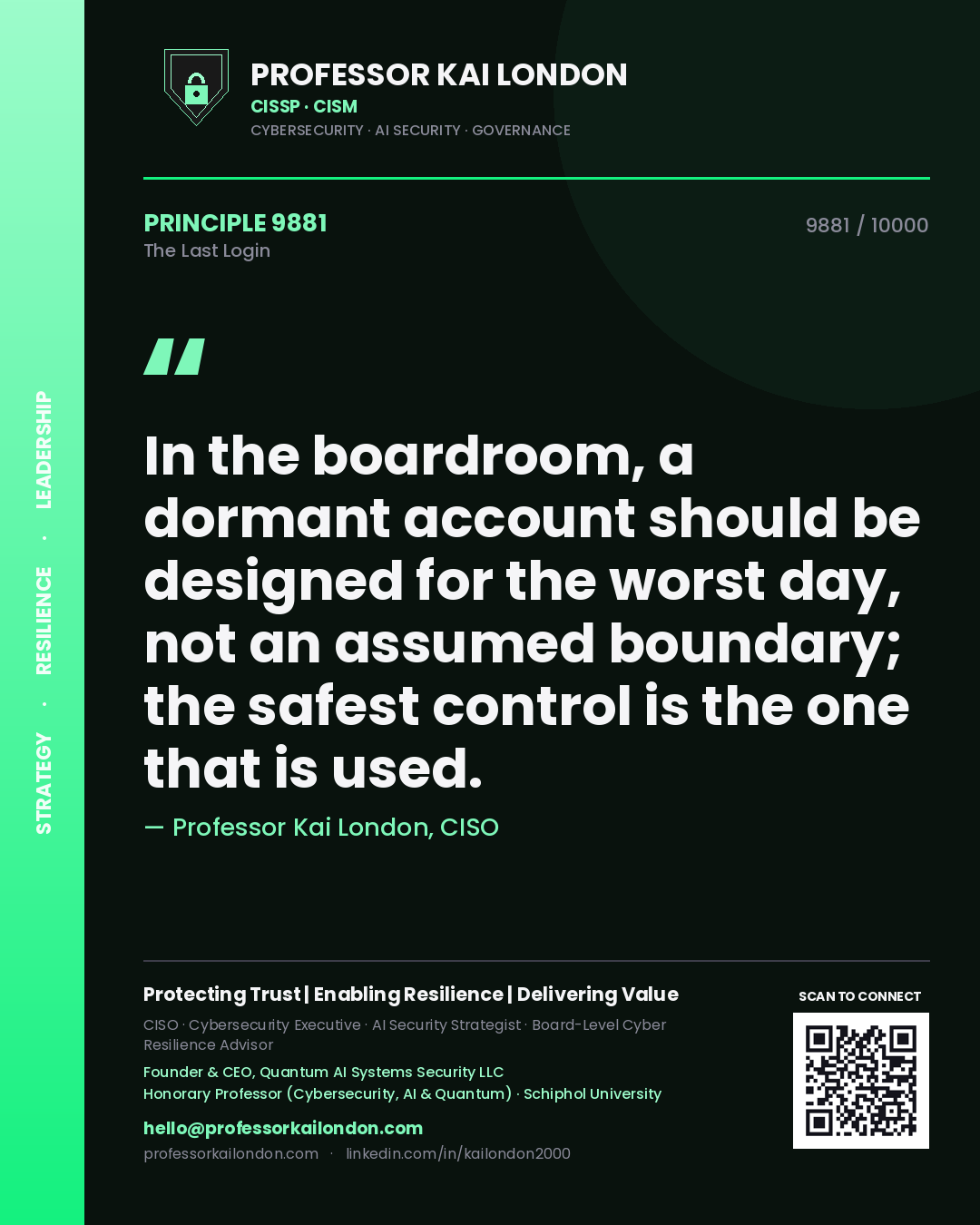Professor Kai London principle 9881: In the boardroom, a dormant account should be designed for the worst day, not an assumed boundary; the safest control is the one that is used.