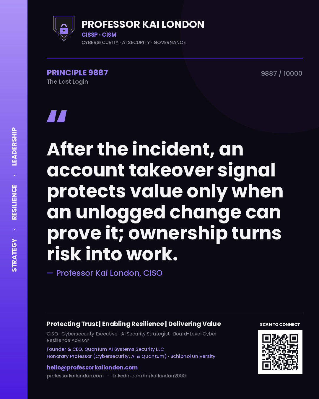 Quote card by Professor Kai London reading 'After the incident, an account takeover signal protects value only when an unlogged change can prove it; ownership turns risk into work.'. From the book The Last Login.