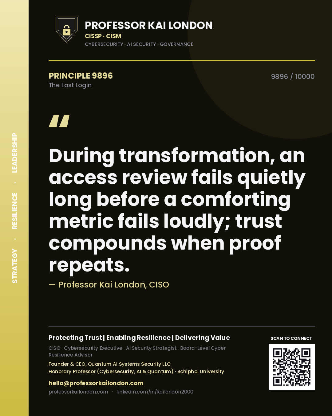 Quote card by Professor Kai London reading 'During transformation, an access review fails quietly long before a comforting metric fails loudly; trust compounds when proof repeats.'. From the book The Last Login.