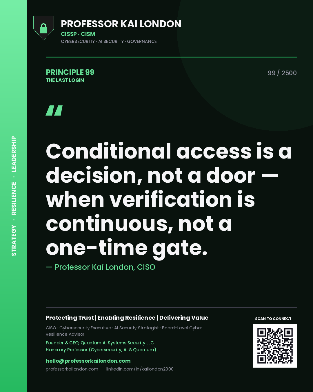 Professor Kai London principle 99: Conditional access is a decision, not a door — when verification is continuous, not a one-time gate.