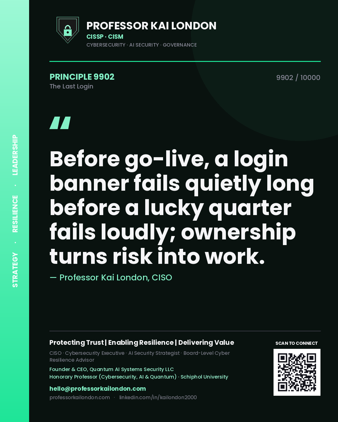 Quote card by Professor Kai London reading 'Before go-live, a login banner fails quietly long before a lucky quarter fails loudly; ownership turns risk into work.'. From the book The Last Login.
