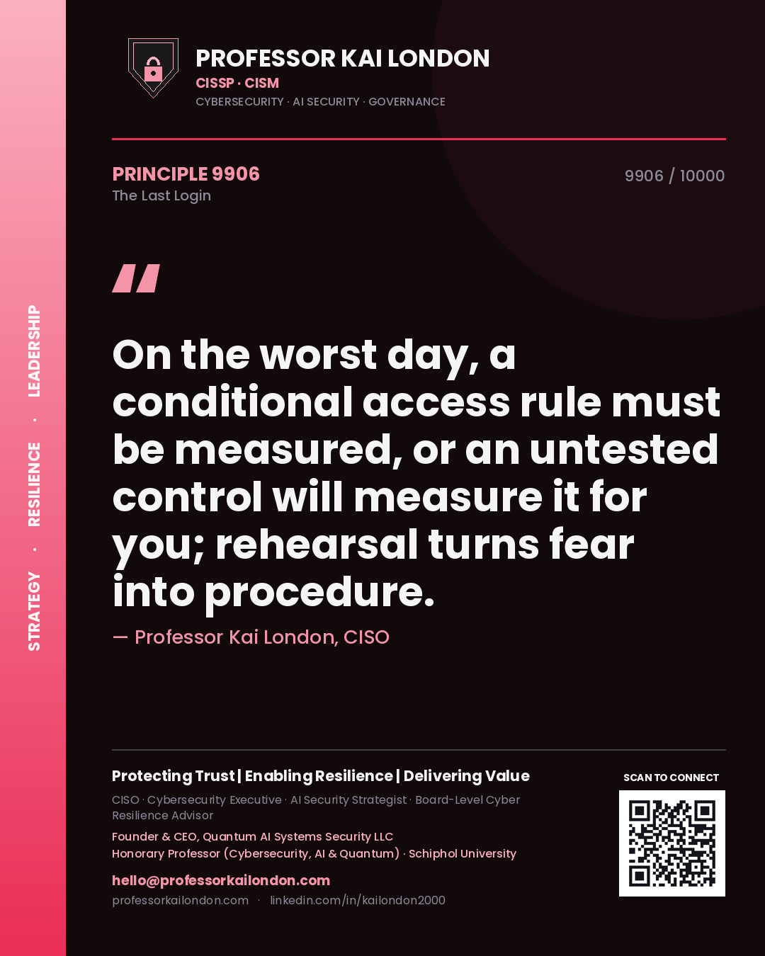 Professor Kai London principle 9906: On the worst day, a conditional access rule must be measured, or an untested control will measure it for you; rehearsal turns fear into procedure.