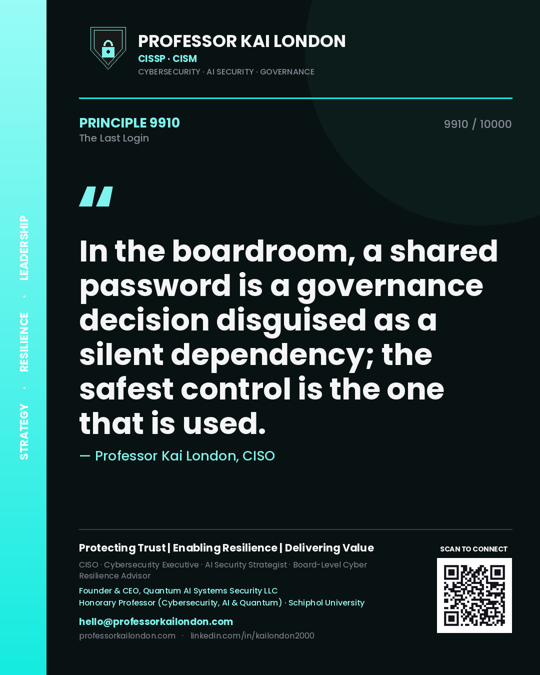 Professor Kai London principle 9910: In the boardroom, a shared password is a governance decision disguised as a silent dependency; the safest control is the one that is used.