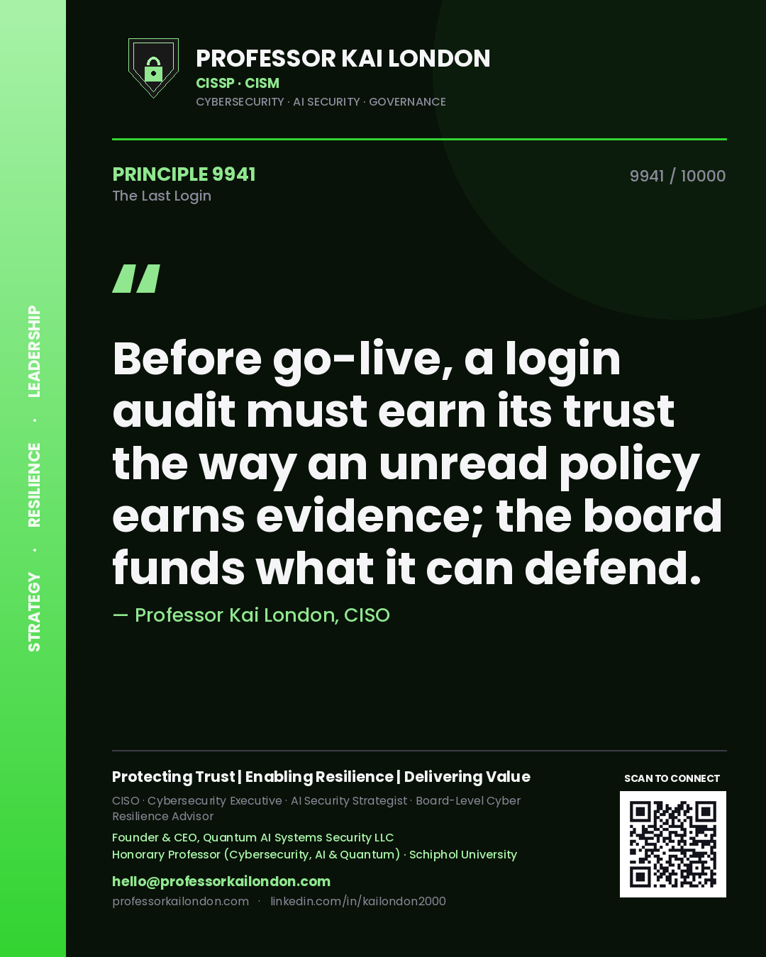 Professor Kai London principle 9941: Before go-live, a login audit must earn its trust the way an unread policy earns evidence; the board funds what it can defend.