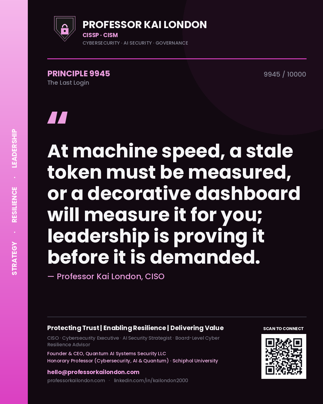 Quote card by Professor Kai London reading 'At machine speed, a stale token must be measured, or a decorative dashboard will measure it for you; leadership is proving it before it is demanded.'. From the book The Last Login.