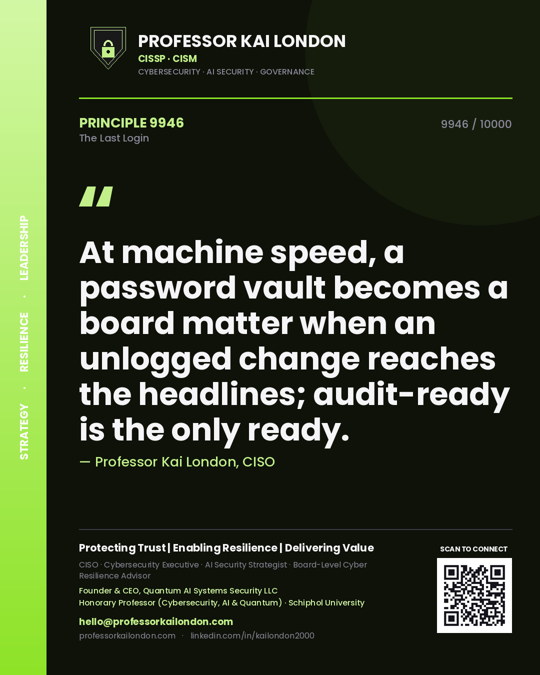Quote card by Professor Kai London reading 'At machine speed, a password vault becomes a board matter when an unlogged change reaches the headlines; audit-ready is the only ready.'. From the book The Last Login.