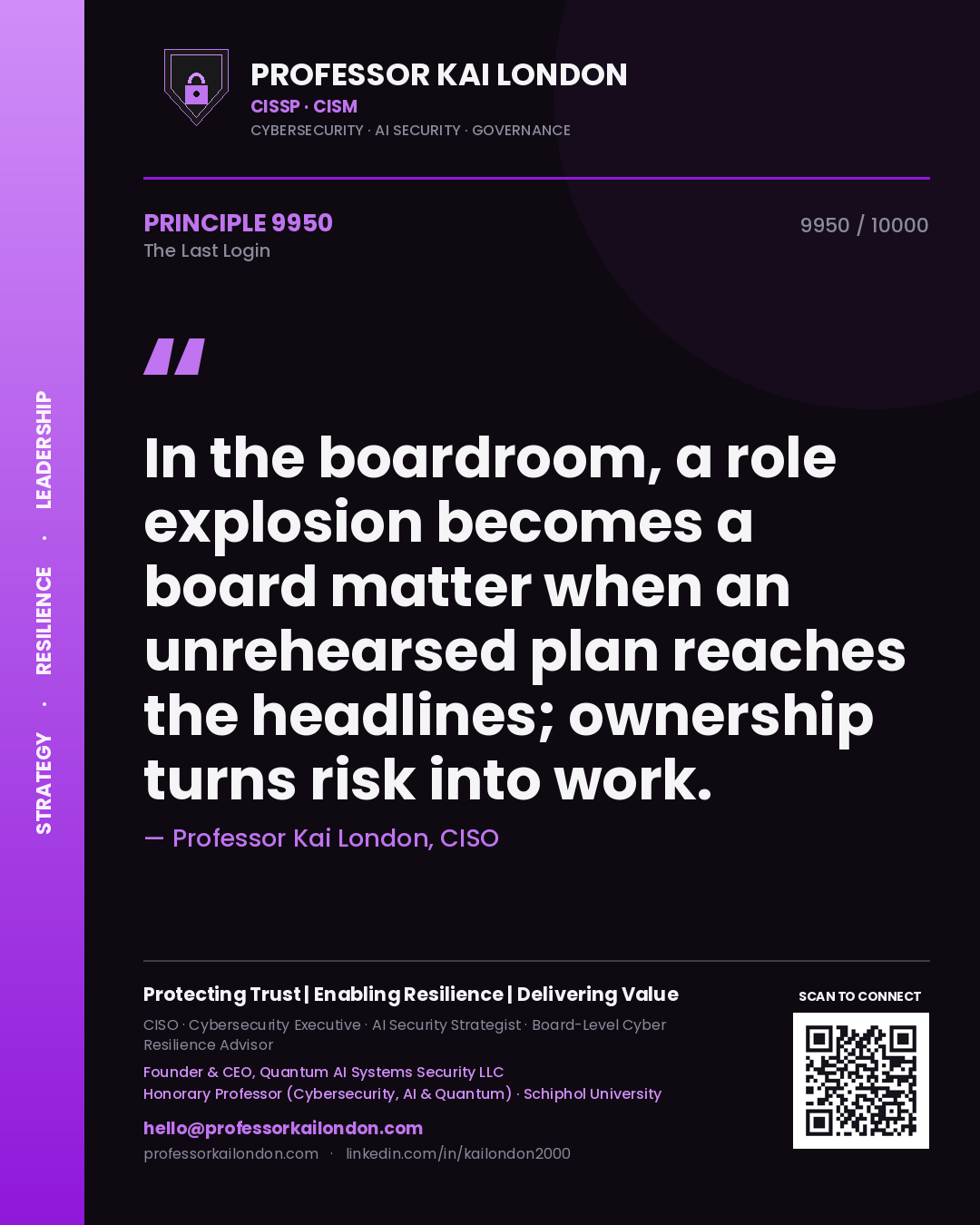 Quote card by Professor Kai London reading 'In the boardroom, a role explosion becomes a board matter when an unrehearsed plan reaches the headlines; ownership turns risk into work.'. From the book The Last Login.