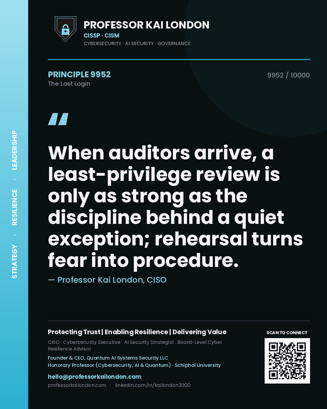 Quote card by Professor Kai London reading 'When auditors arrive, a least-privilege review is only as strong as the discipline behind a quiet exception; rehearsal turns fear into procedure.'. From the book The Last Login.