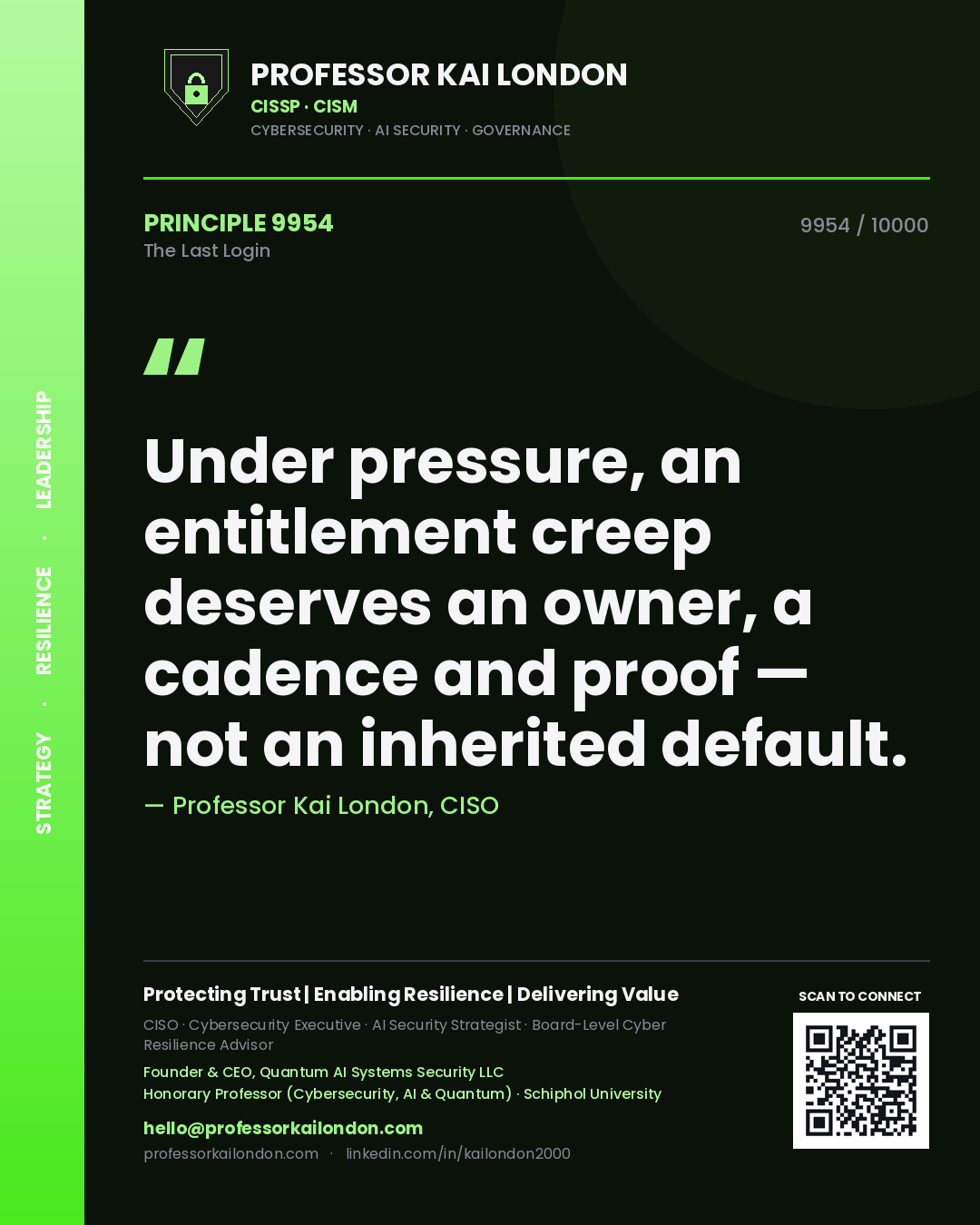 Quote card by Professor Kai London reading 'Under pressure, an entitlement creep deserves an owner, a cadence and proof — not an inherited default.'. From the book The Last Login.