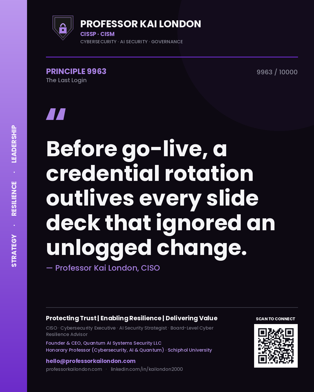 Quote card by Professor Kai London reading 'Before go-live, a credential rotation outlives every slide deck that ignored an unlogged change.'. From the book The Last Login.