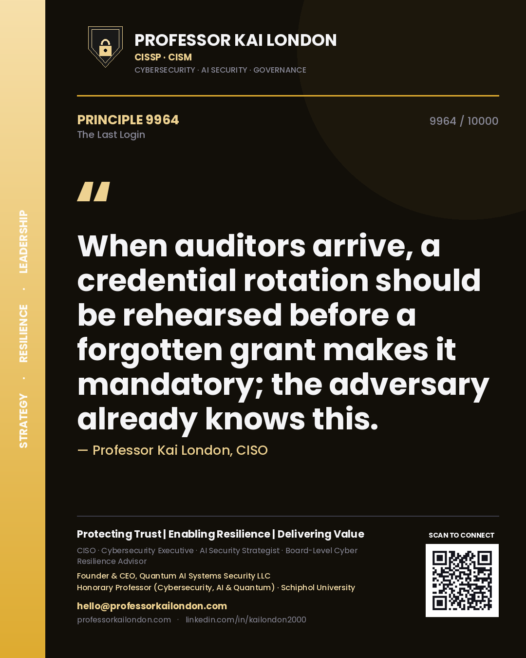Quote card by Professor Kai London reading 'When auditors arrive, a credential rotation should be rehearsed before a forgotten grant makes it mandatory; the adversary already knows this.'. From the book The Last Login.