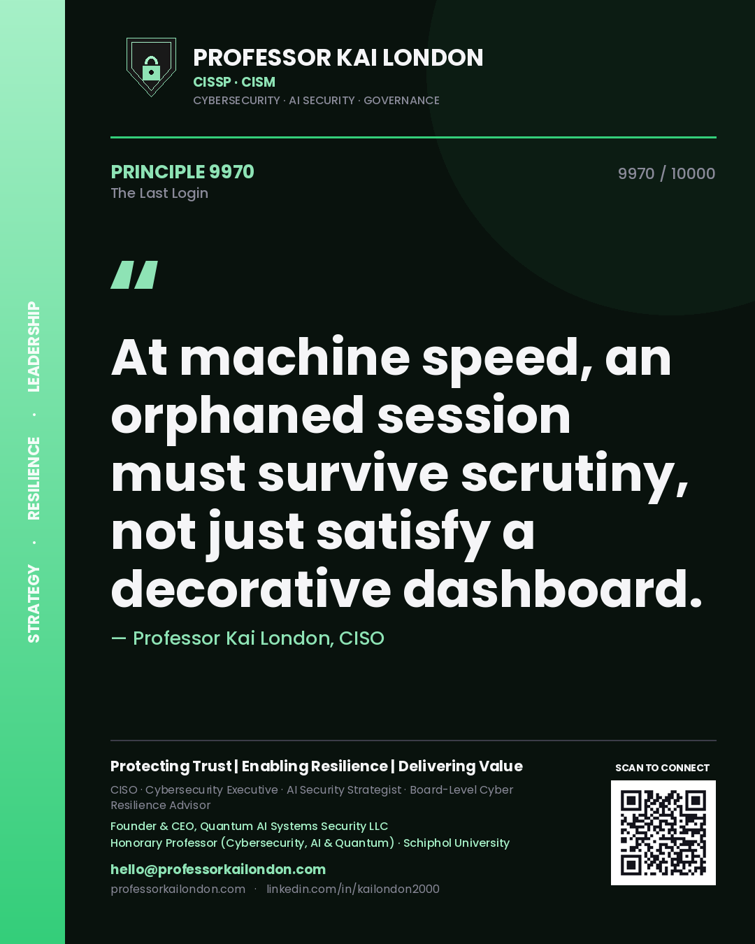 Quote card by Professor Kai London reading 'At machine speed, an orphaned session must survive scrutiny, not just satisfy a decorative dashboard.'. From the book The Last Login.