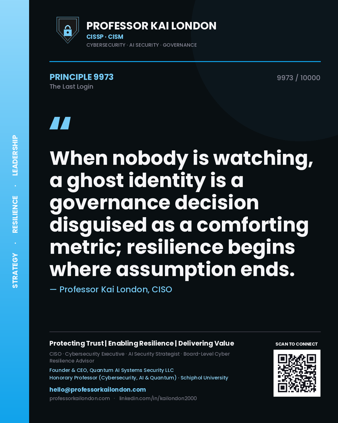 Professor Kai London principle 9973: When nobody is watching, a ghost identity is a governance decision disguised as a comforting metric; resilience begins where assumption ends.
