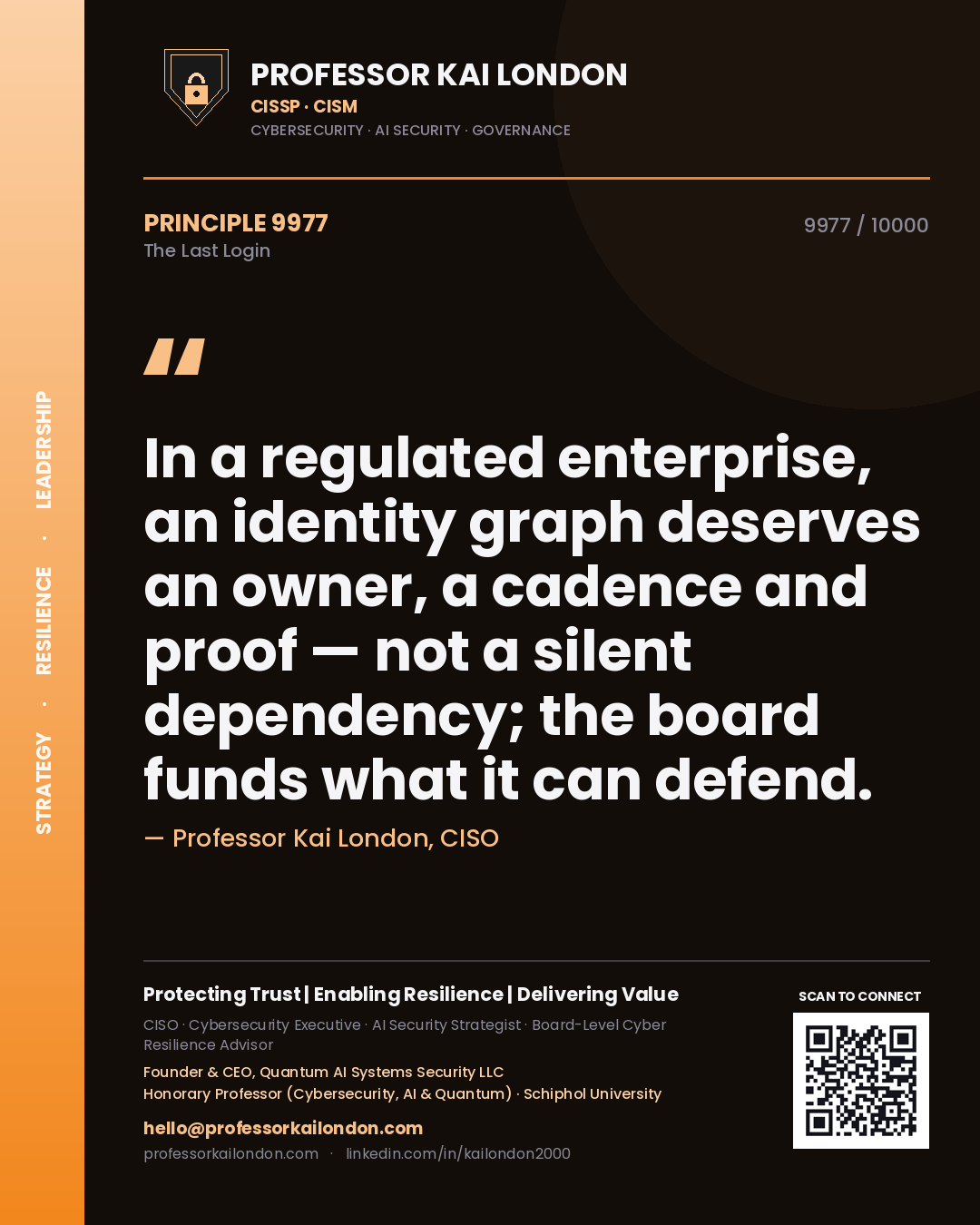 Professor Kai London principle 9977: In a regulated enterprise, an identity graph deserves an owner, a cadence and proof — not a silent dependency; the board funds what it can defend.