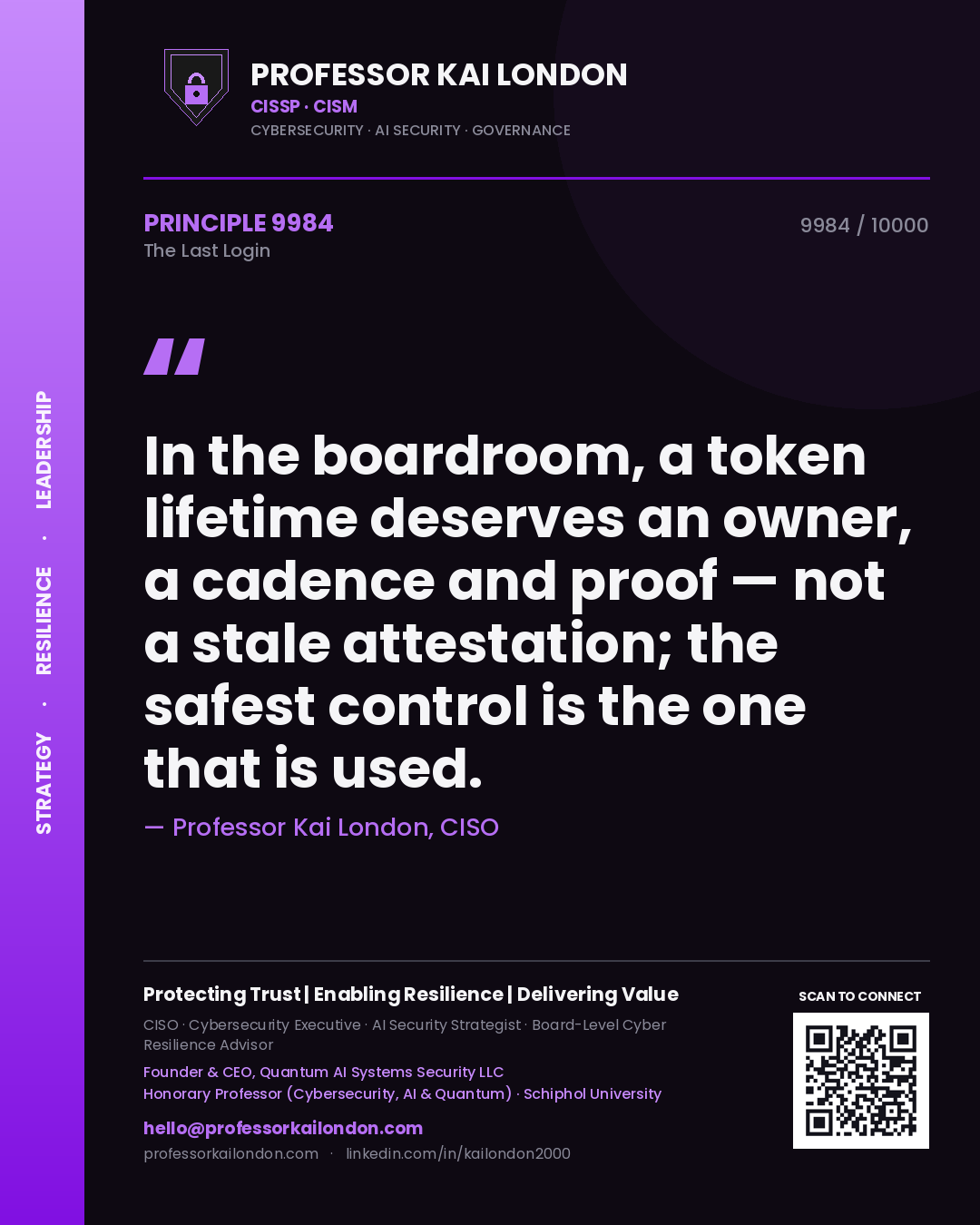Professor Kai London principle 9984: In the boardroom, a token lifetime deserves an owner, a cadence and proof — not a stale attestation; the safest control is the one that is used.