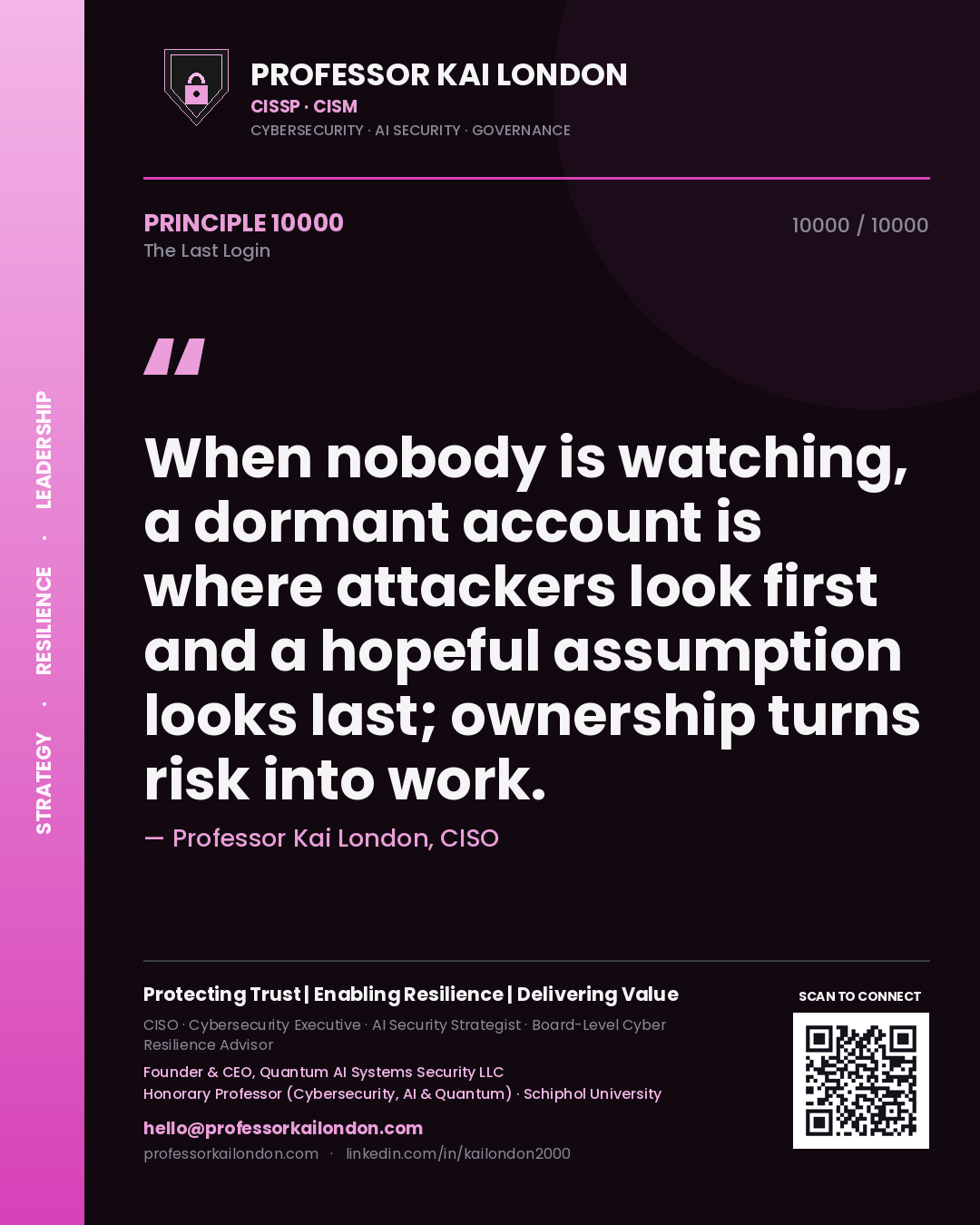 Professor Kai London principle 10000: When nobody is watching, a dormant account is where attackers look first and a hopeful assumption looks last; ownership turns risk into work.