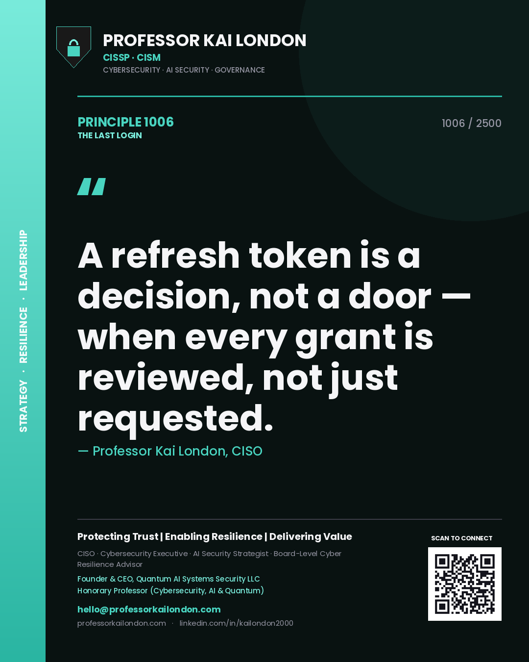 Quote card by Professor Kai London reading 'A refresh token is a decision, not a door — when every grant is reviewed, not just requested.'. From the book The Last Login.