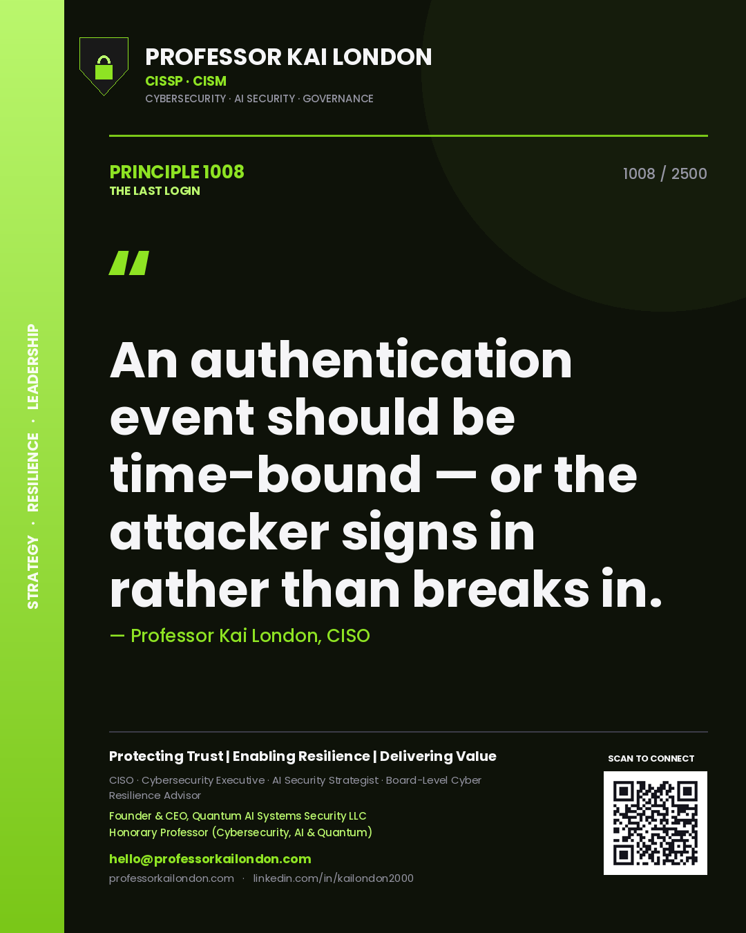 Quote card by Professor Kai London reading 'An authentication event should be time-bound — or the attacker signs in rather than breaks in.'. From the book The Last Login.